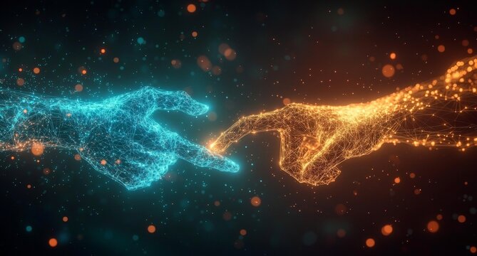 Dise&ntilde;o futurista de inteligencia artificial toc&aacute;ndose con los dedos.