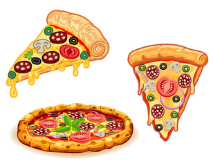 crispy pizza freshly baked with sausage, tomatoes, olives, mushrooms and cheese vector illustration isolated on white background