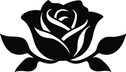 Black and White Rose Silhouette with Decorative Leaves on Transparent Background