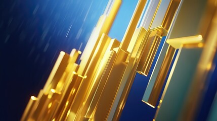 Obraz premium A gold bar chart rising on a blue background, representing the growth or business performance of the stock market. Symbolizes an upward trend in the flow of funds.