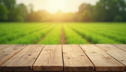 Rustic wooden table surface with blurred farm field background. Empty wood desk for product display. Sunny sunlight natural setting. Harvest agriculture food concept.