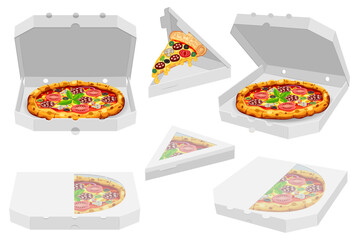 crispy pizza in cardboard box freshly baked with sausage, tomatoes, olives, mushrooms and cheese vector illustration isolated on white background