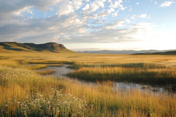 Golden hour illuminating vast grassland and wetlands with distant mountains