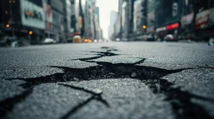 Cracked asphalt road in urban setting, showcasing impact of natural disasters. scene evokes sense of desolation and urgency