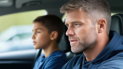 Father and son sitting in front seats of a moving car