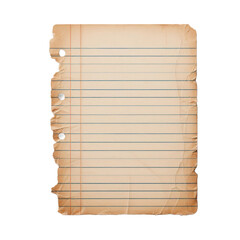 A torn, aged piece of lined paper with a hole punch. transparent background