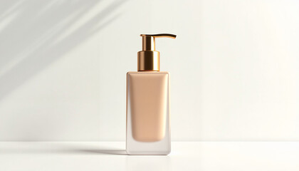 Elegant square foundation bottle with gold pump on white background