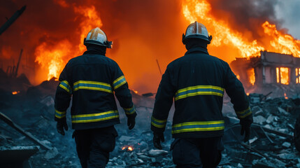 Obraz premium Brave firefighters walk towards blazing inferno, showcasing courage and determination amidst destruction