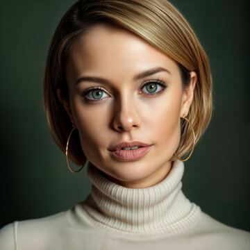 Woman with striking green eyes and blonde bob hairstyle wearing a cream turtleneck on a dark background