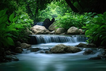 Tranquil waterfall cascading through a lush jungle.  Peaceful stream flowing over smooth rocks amidst dense foliage
