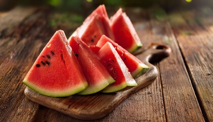 slices of fresh watermelon on the rustic wooden table