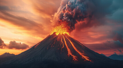 Majestic volcano erupting with lava and ash, creating dramatic sunset scene filled with vibrant colors and powerful energy