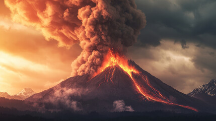 Fototapeta premium Majestic volcano erupts with fiery lava and thick smoke, creating dramatic landscape under moody sky