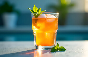 Summer cold drink. Refreshing cocktail with ice. Summer concept. Selective focus, blurred background.