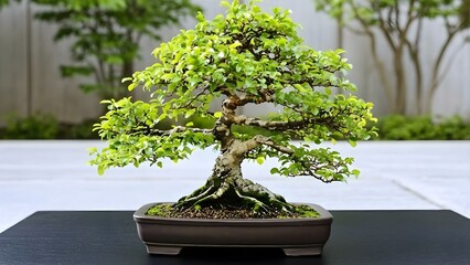 A bonsai tree with lush green foliage, showcasing its intricate branches and trunk, displayed on a black surface. Concept Bonsai Tree Artistry, Lush Green Foliage, Intricate Branches