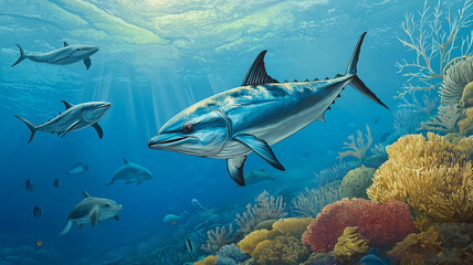 Fototapeta premium An underwater scene with a healthy ocean ecosystem featuring tuna fish swimming alongside other marine species like dolphins and sea turtles