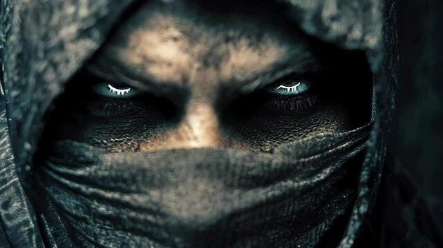 A stealthy NPC character with a covered face close-up, blending into shadows in an action adventure video game.