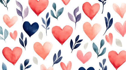 Watercolor hearts and leaves pattern on transparent background, cut out transparent
