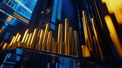 A gold bar chart rising on a blue background, representing the growth or business performance of the stock market. Symbolizes an upward trend in the flow of funds.