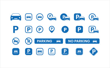 "set of blue parking and road signs, minimalist icons, no text, vector symbols, clean design"
