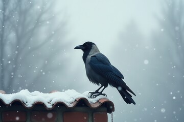 Fototapeta premium Crow perched on snowy roof winter snowfall