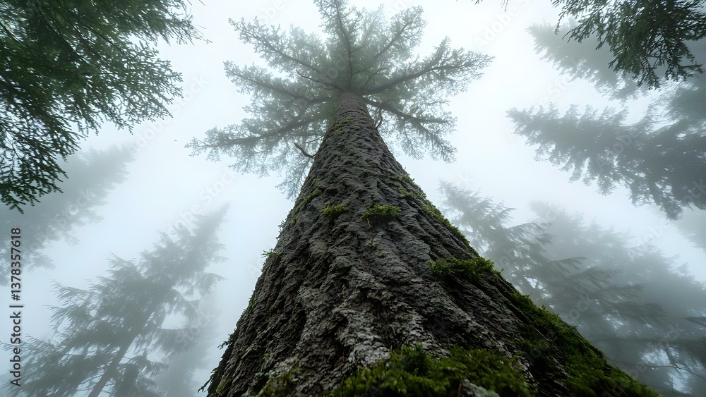 Aufkleber a tall tree is viewed from below, surrounded by fog and other trees in a misty forest setting. conce