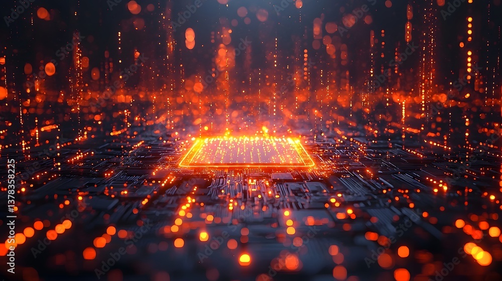 Poster quantum chip hovering in a futuristic data filled environment