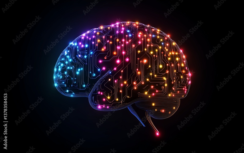 Aufkleber human brain connected to computer, digital circuits flowing through neural pathways, ai technology c