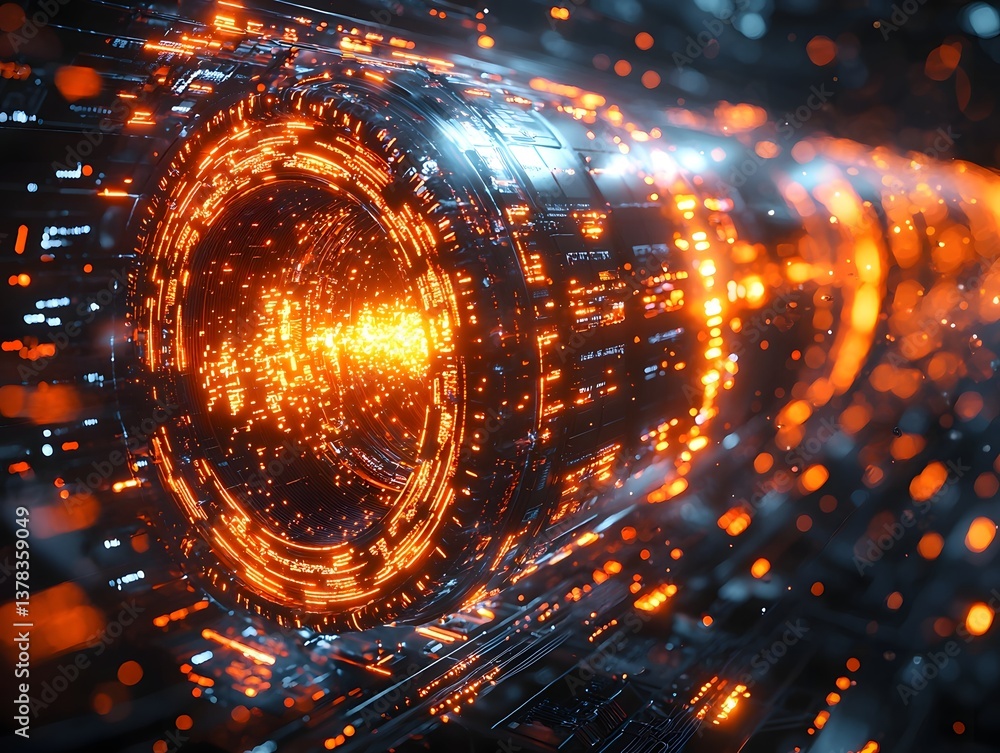 Poster glowing quantum particle accelerator in a dynamic digital landscape