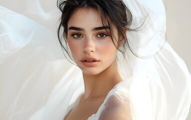 Portrait of a beautiful woman with dark hair and brown eyes in white dress