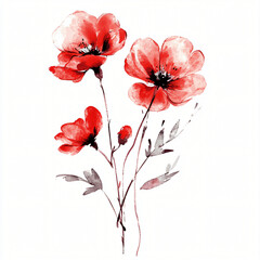 Watercolor art drawing painting of set of three red poppy flowers with buds and green leaves. White background