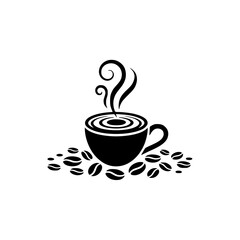 Minimalist Coffee Icon: Cup, Steam & Beans on White
