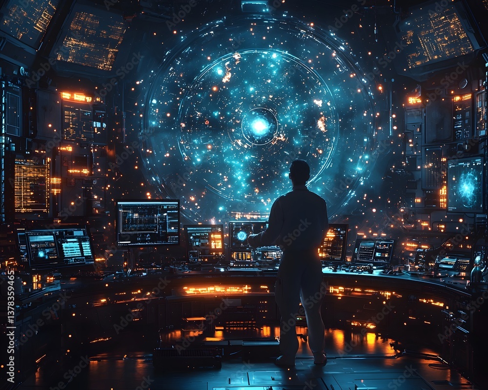 Poster quantum lab filled with glowing and researchers analyzing floating entangled particles above a digit