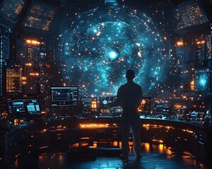 Fototapeta premium Quantum lab filled with glowing and researchers analyzing floating entangled particles above a digital console