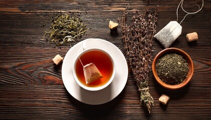 cup of tea with teabag and dry herbs on wooden table