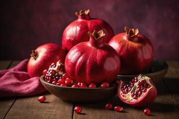 Pomegranates on a wooden table, rich colors, fresh fruits with seeds and flowers