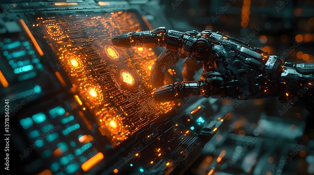 Poster futuristic quantum interface with holographic data manipulated by robotic hands
