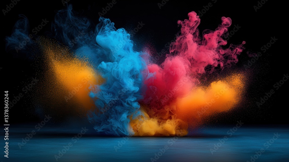 Poster an abstract artistic rende of vibrant swirling colorful smoke and powder explosions on a dark backgr