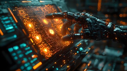 Futuristic quantum interface with holographic data manipulated by robotic hands