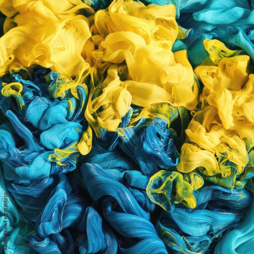 Poster mesmerizing abstract swirling patterns of vibrant blue and yellow ink create a captivating high-reso