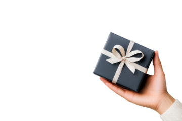 Close up of a businessman s hand holding a matte blue gift box representing a surprise or special gift for a corporate office or holiday