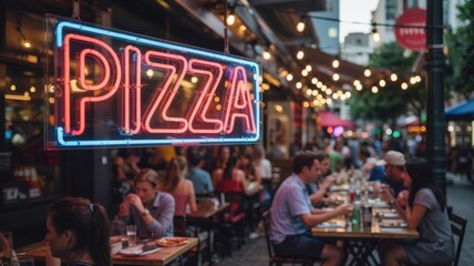 Outdoor dining scene with neon pizza sign in a busy street at night filled with lively conversations and warm lights