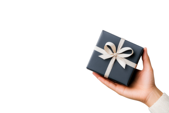 Close up of a businessman s hand holding a matte blue gift box representing a surprise or special gift for a corporate office or holiday