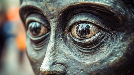 A detailed closeup reveals the eyes of a weathered bronze sculpture