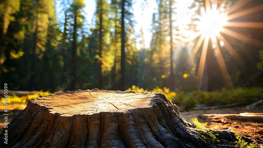 Poster a tree stump in a forest with sunlight filtering through tall trees, creating a serene and vibrant n