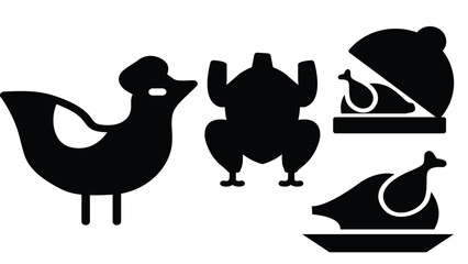 Chicken and Turkey Icons Vector Set Poultry Meal Symbols: Chicken, Turkey, Roast Bird Food Icons: Chicken and Turkey Silhouettes