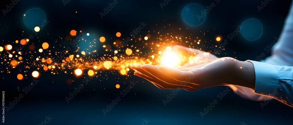 Poster illuminating business models a hand holding a glowing digital cube abstract data modern environment 