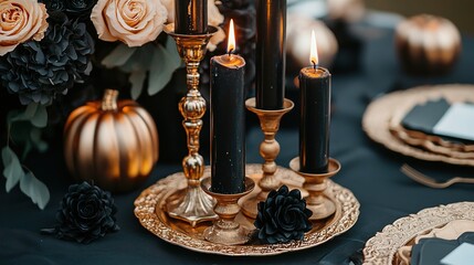 Naklejka premium Elegant halloween table setting festive home image cozy atmosphere close-up seasonal decor