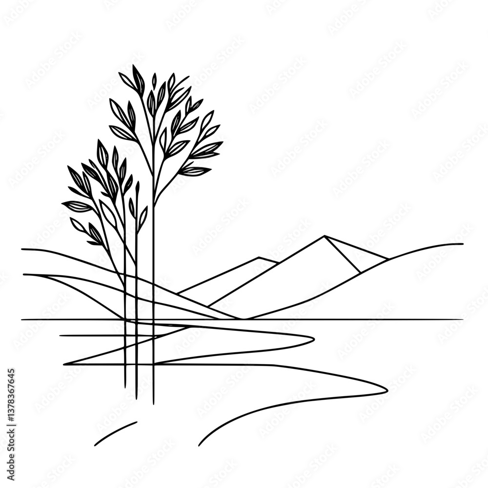 Poster minimalist line drawing of trees and mountains on a transparent background