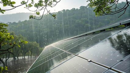 rain drops on the solar panel in forest 